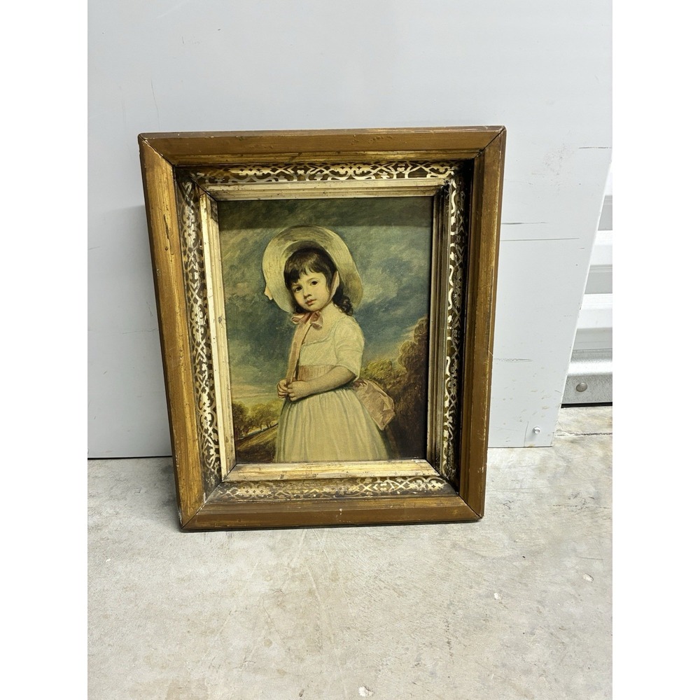 Vintage Sir Joshua Reynolds "Miss Bowles" Portrait Print in Ornate Gold Frame